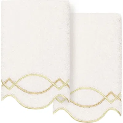 Linum Home Textiles Diamond Chain Scallop Pack Of 2 Fingertip Towels In White/ Beige