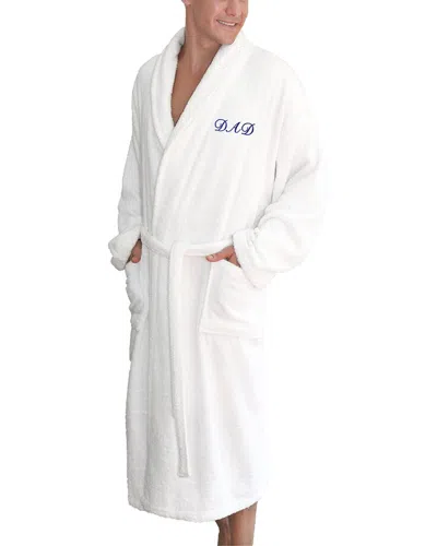 Linum Home Textiles Dnu  White Terry Bathrobe For Dad With Navy Embroidery