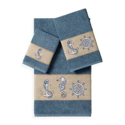 Linum Home Textiles Easton Embellished 3 Piece Turkish Cotton Towel Set In Teal Blue