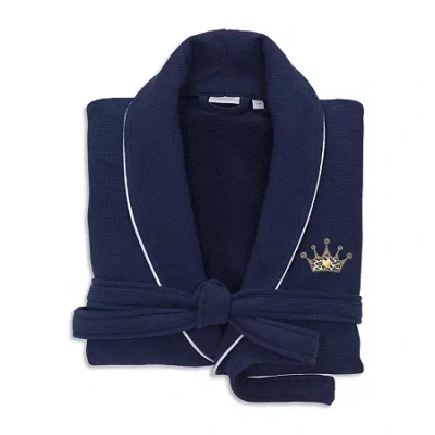 Linum Home Textiles Embroidered Cheetah Crown Waffle Terry Bathrobe Unisex Adult Waffle Long Sleeve Long Length Robe In Blue
