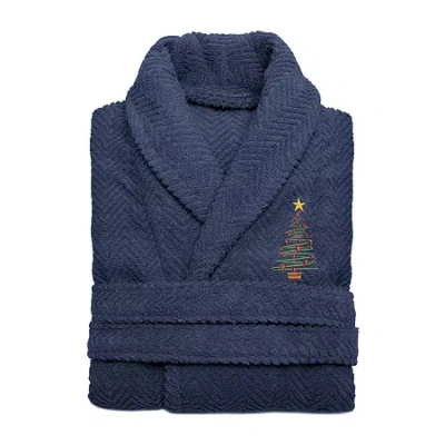 Linum Home Textiles Embroidered Christmas Tree Herringbone Bathrobe Unisex Adult Long Sleeve Long Length Robe In Blue