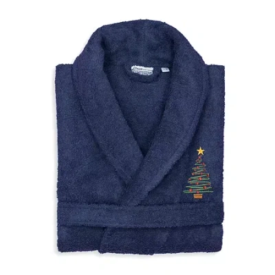 Linum Home Textiles Embroidered Christmas Tree Terry Bathrobe Unisex Adult Terry Cloth Long Sleeve Long Length Robe In Blue