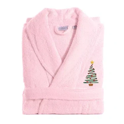 Linum Home Textiles Embroidered Christmas Tree Terry Bathrobe Unisex Adult Terry Cloth Long Sleeve Long Length Robe In Pink
