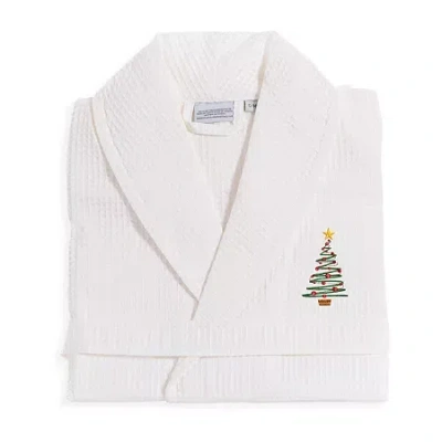 Linum Home Textiles Embroidered Christmas Tree Waffle Weave Bathrobe Unisex Adult Waffle Long Sleeve Long Length Robe In White