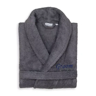 Linum Home Textiles Embroidered Groom Terry Bathrobe Unisex Adult Terry Cloth Long Sleeve Long Length Robe In Gray