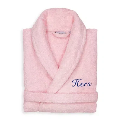 Linum Home Textiles Embroidered Hers Terry Bathrobe Unisex Adult Terry Cloth Long Sleeve Long Length Robe In Pink