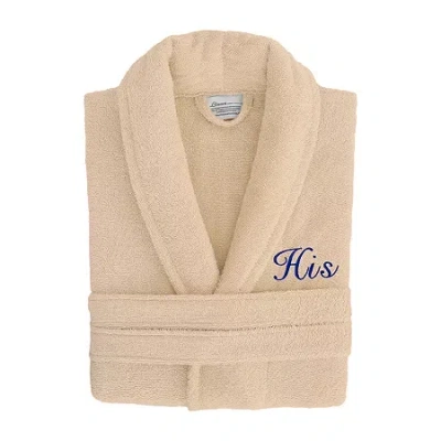 Linum Home Textiles Embroidered His Terry Bathrobe Unisex Adult Terry Cloth Long Sleeve Long Length Robe In Sand