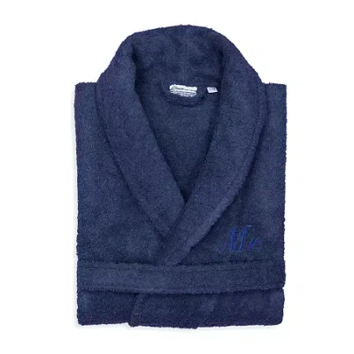 Linum Home Textiles Embroidered Mr Terry Bathrobe Unisex Adult Terry Cloth Long Sleeve Long Length Robe In Blue