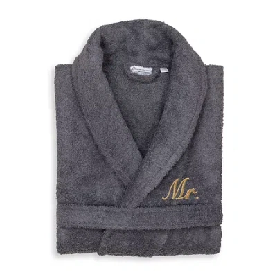 Linum Home Textiles Embroidered Mr Terry Bathrobe Unisex Adult Terry Cloth Long Sleeve Long Length Robe In Gray