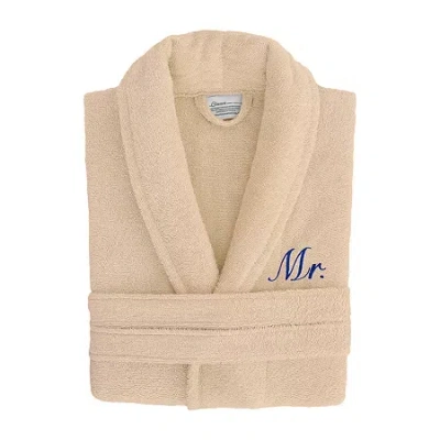Linum Home Textiles Embroidered Mr Terry Bathrobe Unisex Adult Terry Cloth Long Sleeve Long Length Robe In Sand