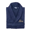 Linum Home Textiles Embroidered Mrs Terry Bathrobe Unisex Adult Terry Cloth Long Sleeve Long Length Robe In Blue