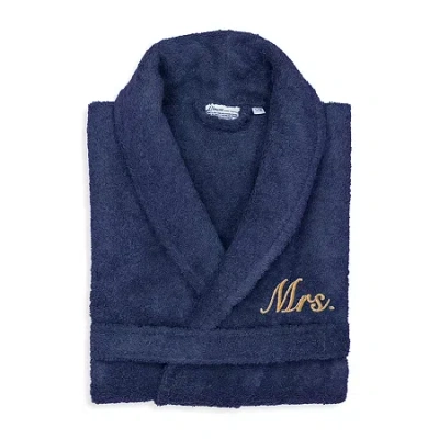 Linum Home Textiles Embroidered Mrs Terry Bathrobe Unisex Adult Terry Cloth Long Sleeve Long Length Robe In Blue