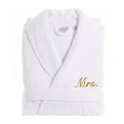 Linum Home Textiles Embroidered Mrs Terry Bathrobe Unisex Adult Terry Cloth Long Sleeve Long Length Robe In White