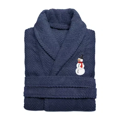 Linum Home Textiles Embroidered Snowman Herringbone Bathrobe Unisex Adult Long Sleeve Long Length Robe In Blue