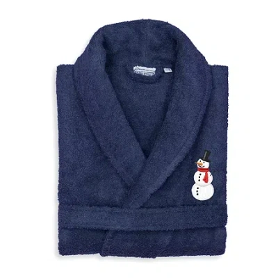 Linum Home Textiles Embroidered Snowman Terry Bathrobe Unisex Adult Terry Cloth Long Sleeve Long Length Robe In Blue