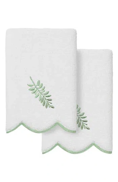 Linum Home Textiles Fern Toss Scalloped 2-piece Fingertip Towel Set In White/ Green