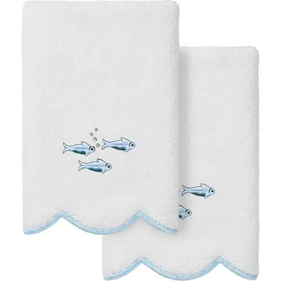 Linum Home Textiles Fish School Scallop Pack Of 2 Fingertip Towels In White/ Blue