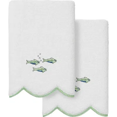 Linum Home Textiles Fish School Scallop Pack Of 2 Fingertip Towels In White/ Green
