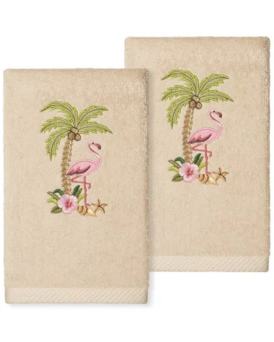 Linum Home Textiles Flora - Embroidered Luxury 100% Turkish Cotton Hand Towels (set Of 2) In Sand