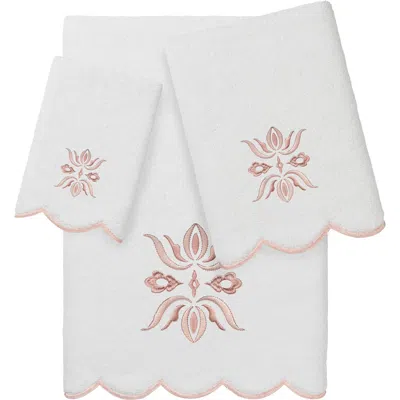 Linum Home Textiles Flower Crest Scallop 3-piece Towel Set In White/ Pink
