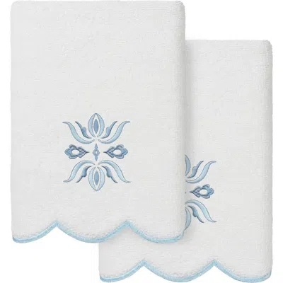 Linum Home Textiles Flower Crest Scalloped Set Of 2 Hand Towels In Blue