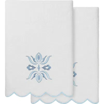 Linum Home Textiles Flower Crest Scalloped Set Of 2 Hand Towels In Blue