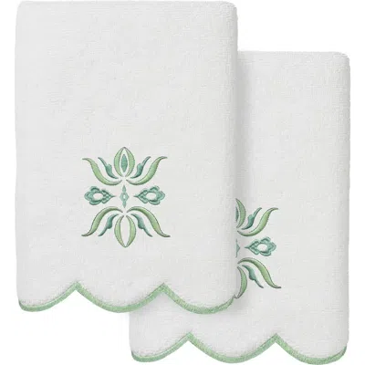 Linum Home Textiles Flower Crest Scalloped Set Of 2 Hand Towels In Green