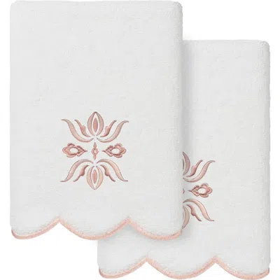 Linum Home Textiles Flower Crest Scalloped Set Of 2 Hand Towels In White/ Pink