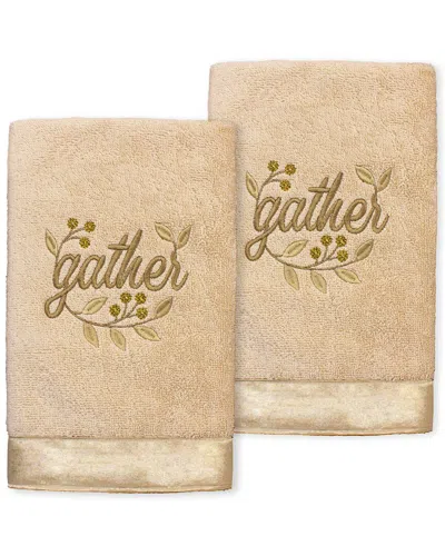 Linum Home Textiles Gather Embroidered Turkish Cotton Hand Towels (set Of 2) In Sand