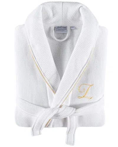 Linum Home Textiles Hotel Monogram Turkish Cotton Waffle Terry Bathrobe With Satin Piped Trim (a-z)  In White