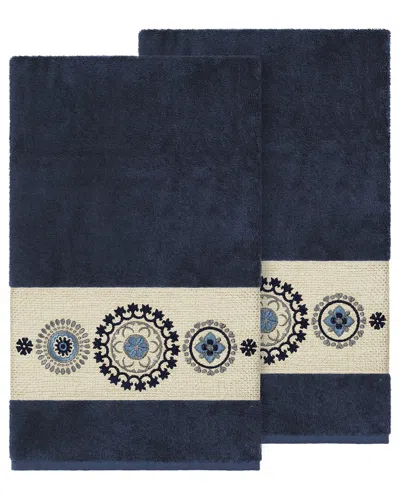 Linum Home Textiles Isabelle Turkish Cotton 2pc Embellished Bath Towel Set In Blue
