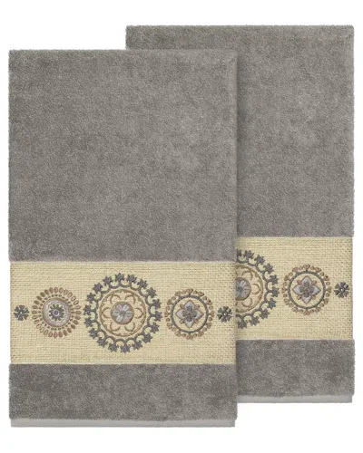 Linum Home Textiles Isabelle Turkish Cotton 2pc Embellished Bath Towel Set In Black