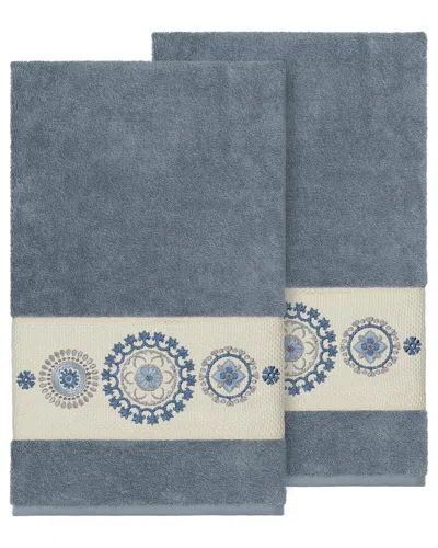 Linum Home Textiles Isabelle Turkish Cotton 2pc Embellished Bath Towel Set In Blue
