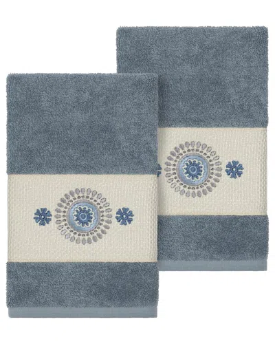 Linum Home Textiles Isabelle Turkish Cotton 2pc Embellished Hand Towel Set In Blue
