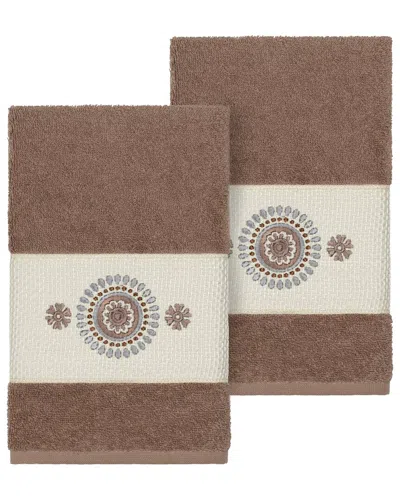 Linum Home Textiles Isabelle Turkish Cotton 2pc Embellished Hand Towel Set In Brown