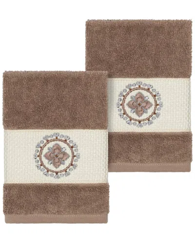 Linum Home Textiles Isabelle Turkish Cotton 2pc Embellished Washcloth Set In Brown
