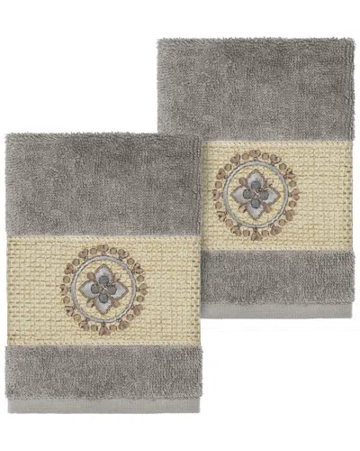 Linum Home Textiles Isabelle Turkish Cotton 2pc Embellished Washcloth Set In Gray