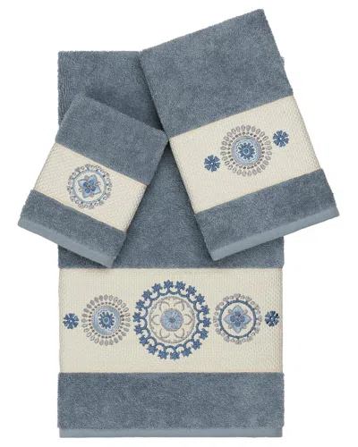 Linum Home Textiles Isabelle Turkish Cotton 3pc Embellished Towel Set In Blue