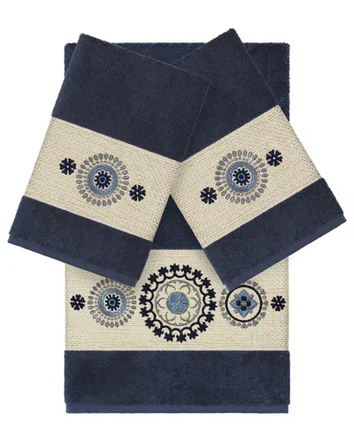Linum Home Textiles Isabelle Turkish Cotton 3pc Embellished Towel Set In Blue