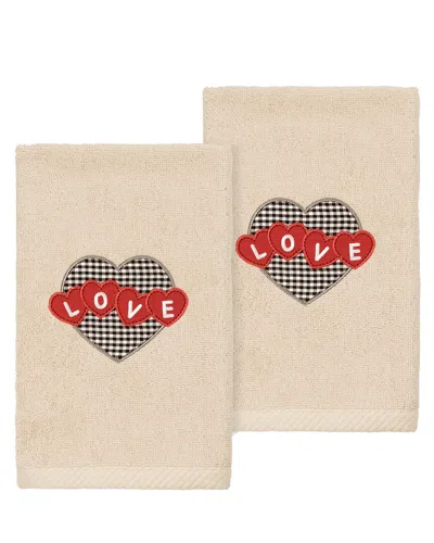 Linum Home Textiles Love Hearts - Embroidered Luxury 100% Turkish Cotton Hand Towels (set Of 2) In Sand