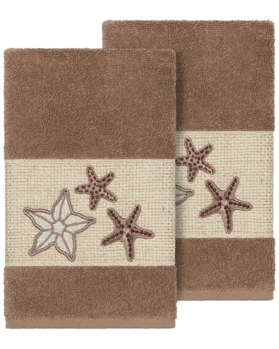 Linum Home Textiles Lydia Turkish Cotton 2pc Embellished Hand Towel Set In Brown