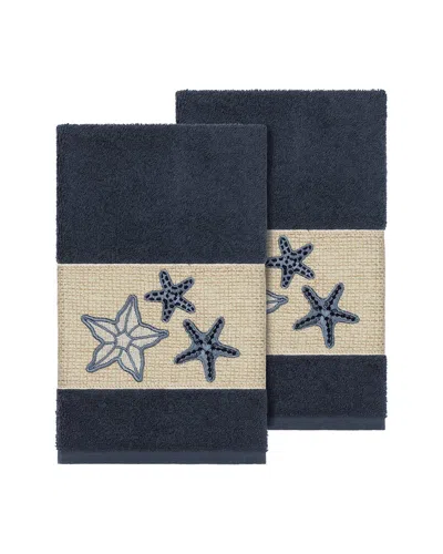 Linum Home Textiles Lydia Turkish Cotton 2pc Embellished Hand Towel Set In Blue