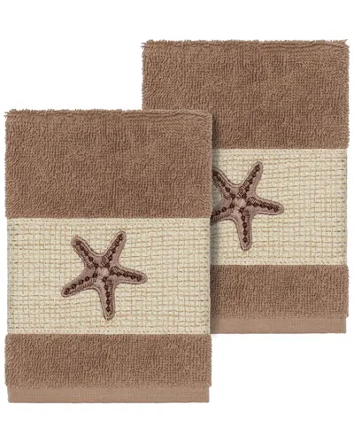 Linum Home Textiles Lydia Turkish Cotton 2pc Embellished Washcloth Set In Brown