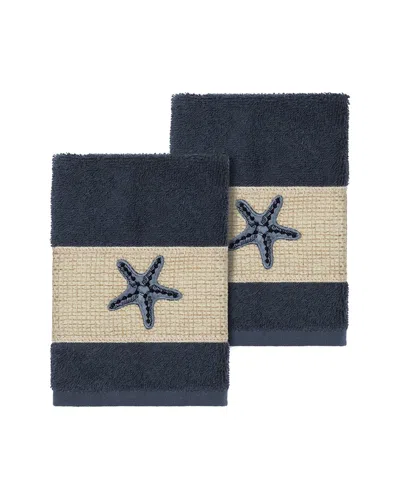 Linum Home Textiles Lydia Turkish Cotton 2pc Embellished Washcloth Set In Blue