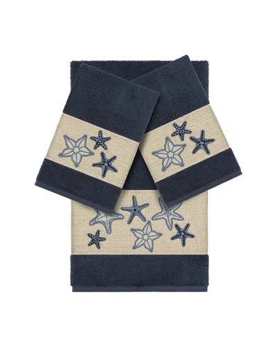 Linum Home Textiles Lydia Turkish Cotton 3pc Embellished Towel Set In Blue