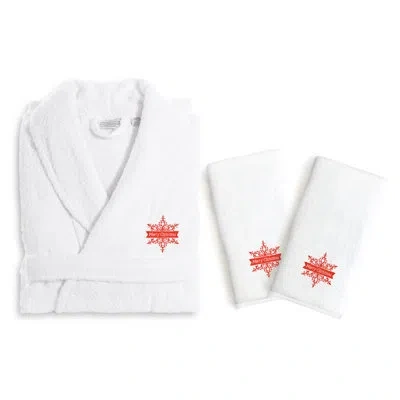 Linum Home Textiles Merry Christmas 3 Piece Embroidered Luxury 100% Cotton Terry Cloth Bathrobe Set In White