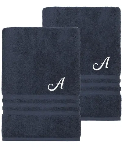 Linum Home Textiles Monogram Turkish Cotton 2pc Denzi Bath Sheet Set (a-z) In Blue