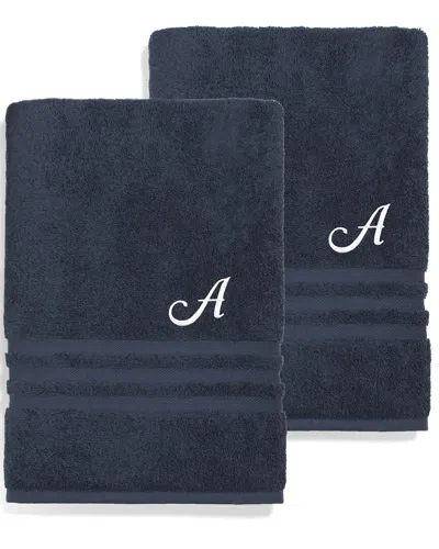 Linum Home Textiles Monogram Turkish Cotton 2pc Denzi Bath Towel Set (a-z) In Blue
