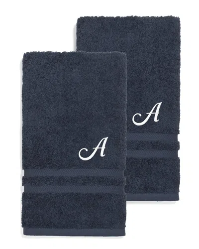 Linum Home Textiles Monogram Turkish Cotton 2pc Denzi Hand Towel Set (a-z) In Blue