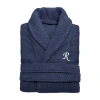Linum Home Textiles Personalized Herringbone Weave Bathrobe Unisex Adult Long Sleeve Long Length Robe In Blue